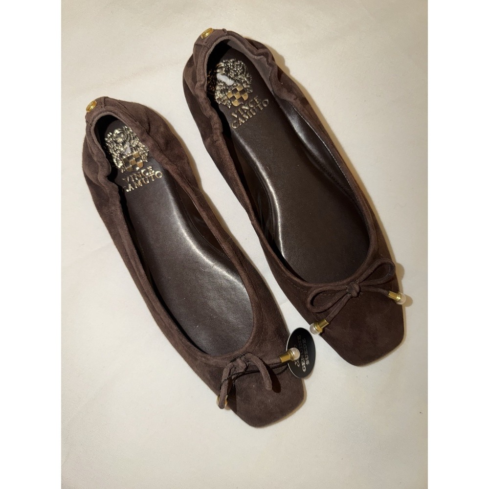 Vince Camuto Ballet Flats Brown Suede Pearl Bow Square Toe Womens Size 8.5